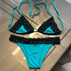 Beach Bunny Lady Lace Turquoise and Black Lace Bikini